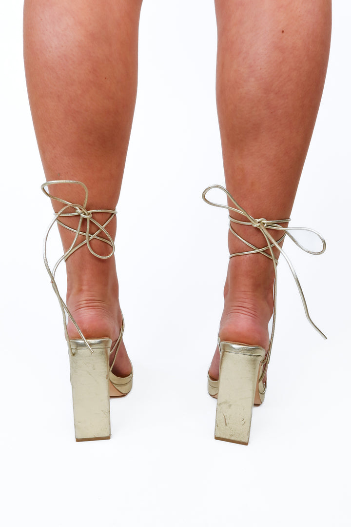 Raye Metallic Gold Lace Up Heels (6.5)