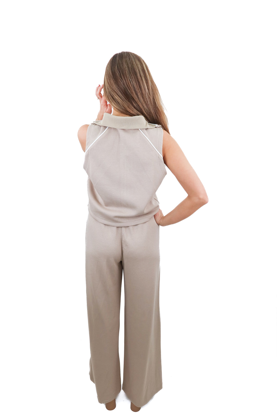 Spanx Airpique taupe mockneck wideleg jumpsuit (M; retail $158)