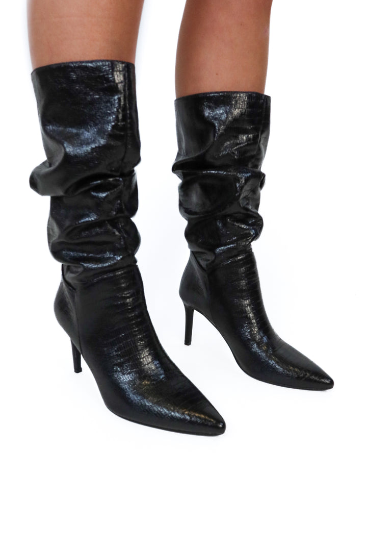 Billini black snakeskin ruched booties NWOT (8; retail $120)