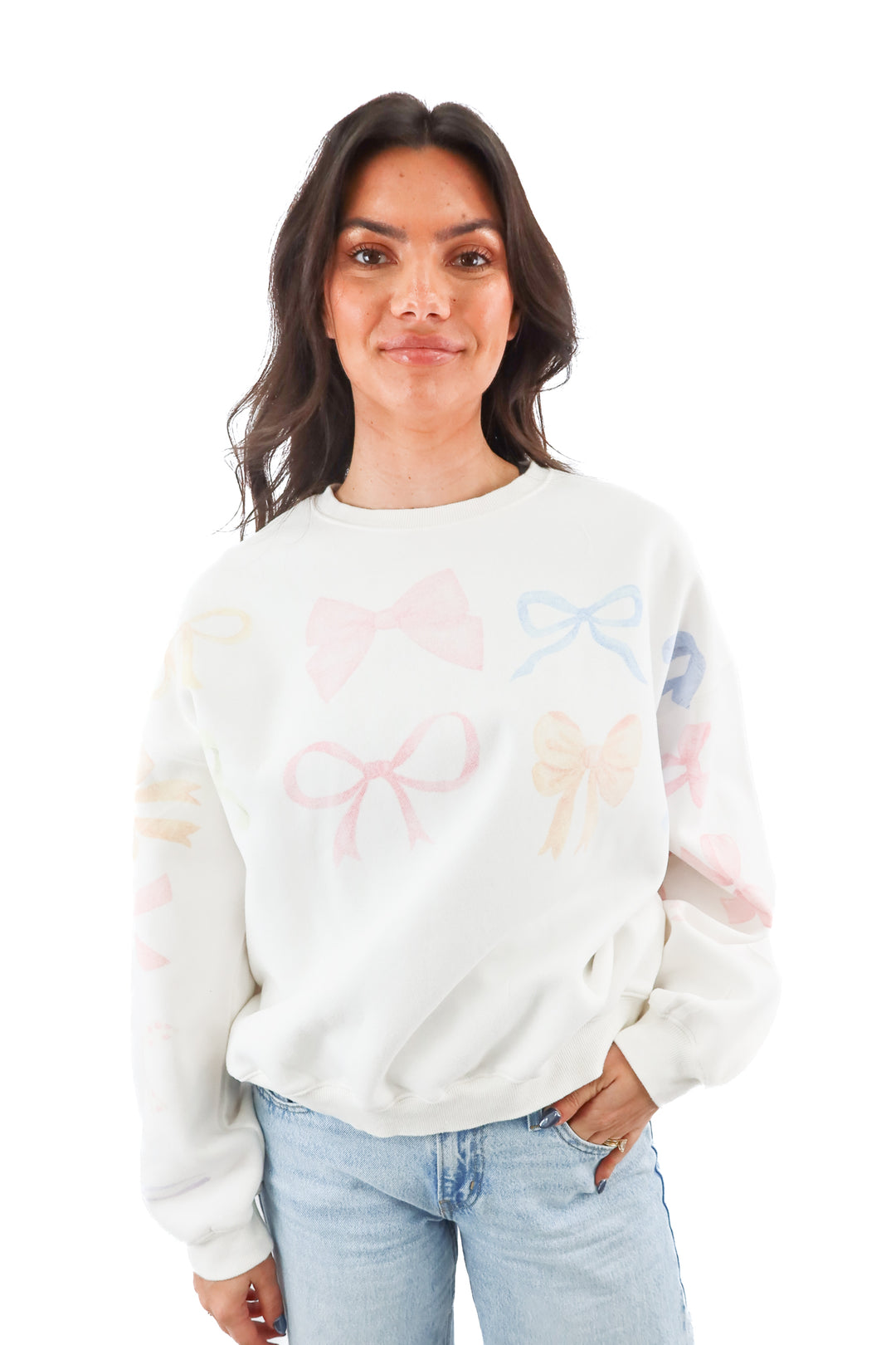 judith march white sweatshirt w/ pastel bows detail (m; retail $175)