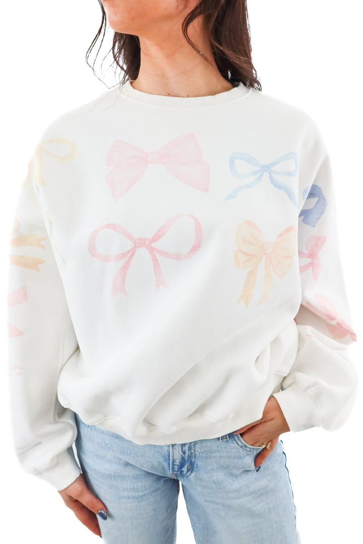 judith march white sweatshirt w/ pastel bows detail (m; retail $175)
