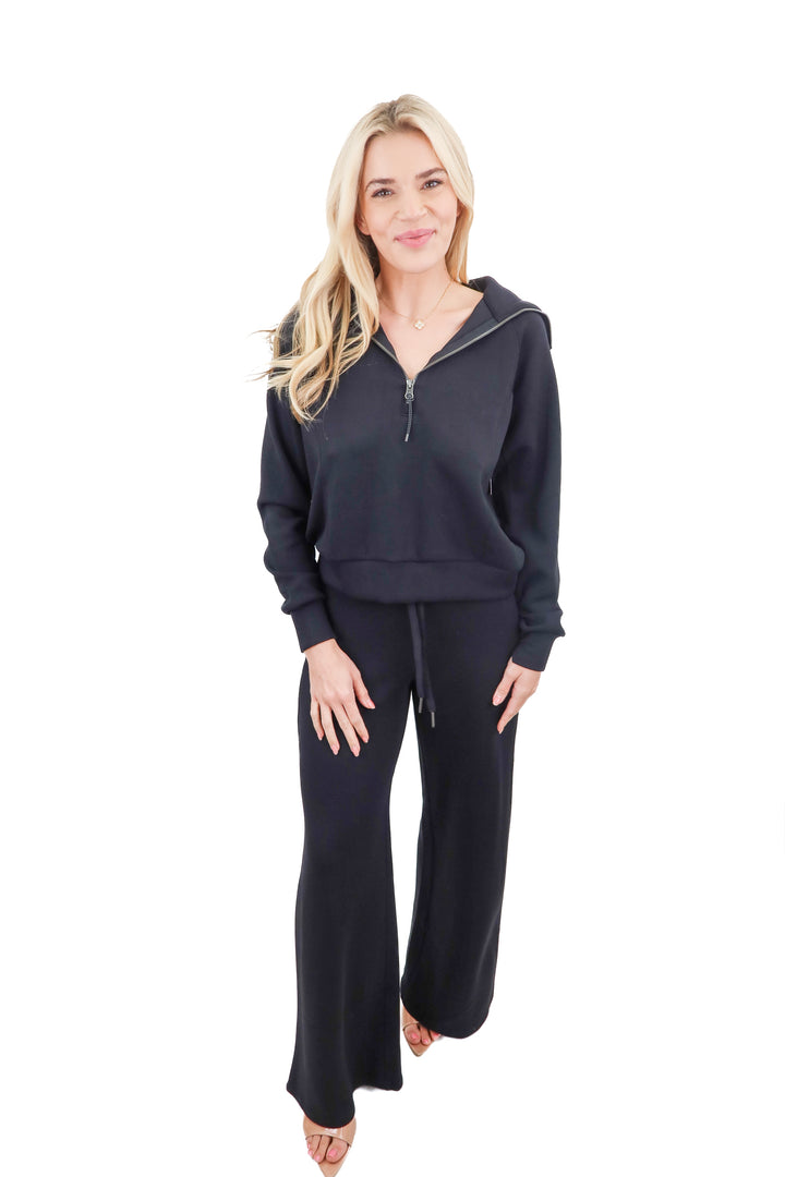 Spanx black AirEssentials quarter zip and wideleg pants 2pc set (retail $253)