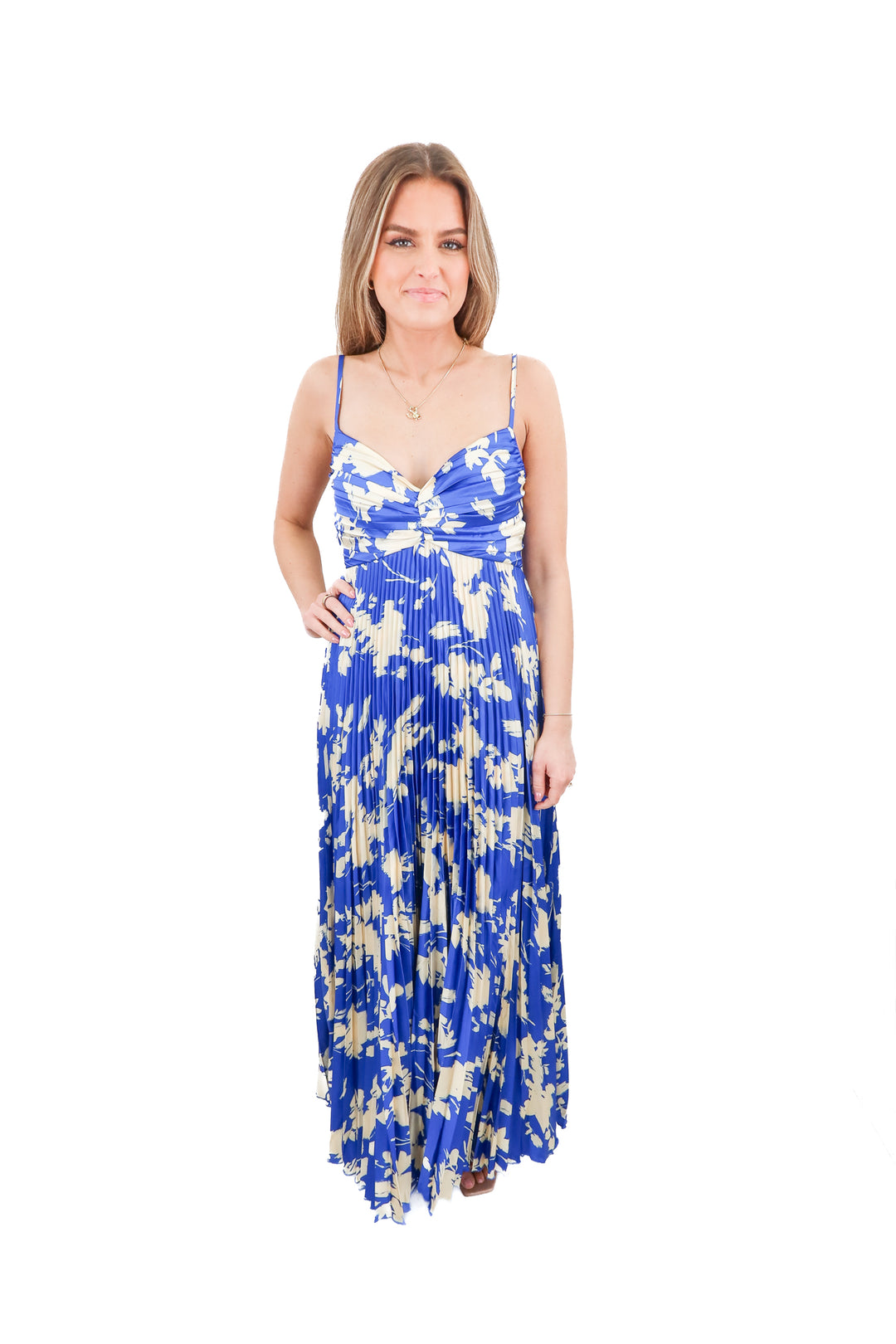 Aaka blue floral pleated maxi dress NWT (S)