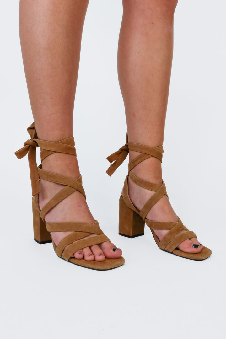 Senso brown suede strappy wrap heels (38 / US 7.5-8; retail $179)