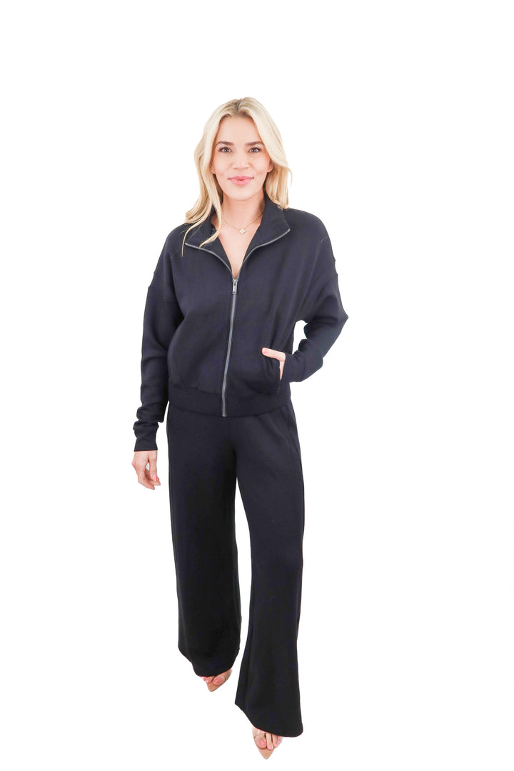 Spanx AirEssentials black full zip track jacket and wideleg pants 2pc set (retail $253)