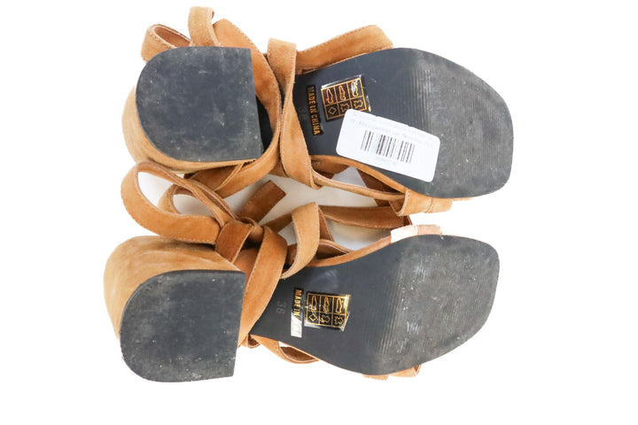 Senso brown suede strappy wrap heels (38 / US 7.5-8; retail $179)