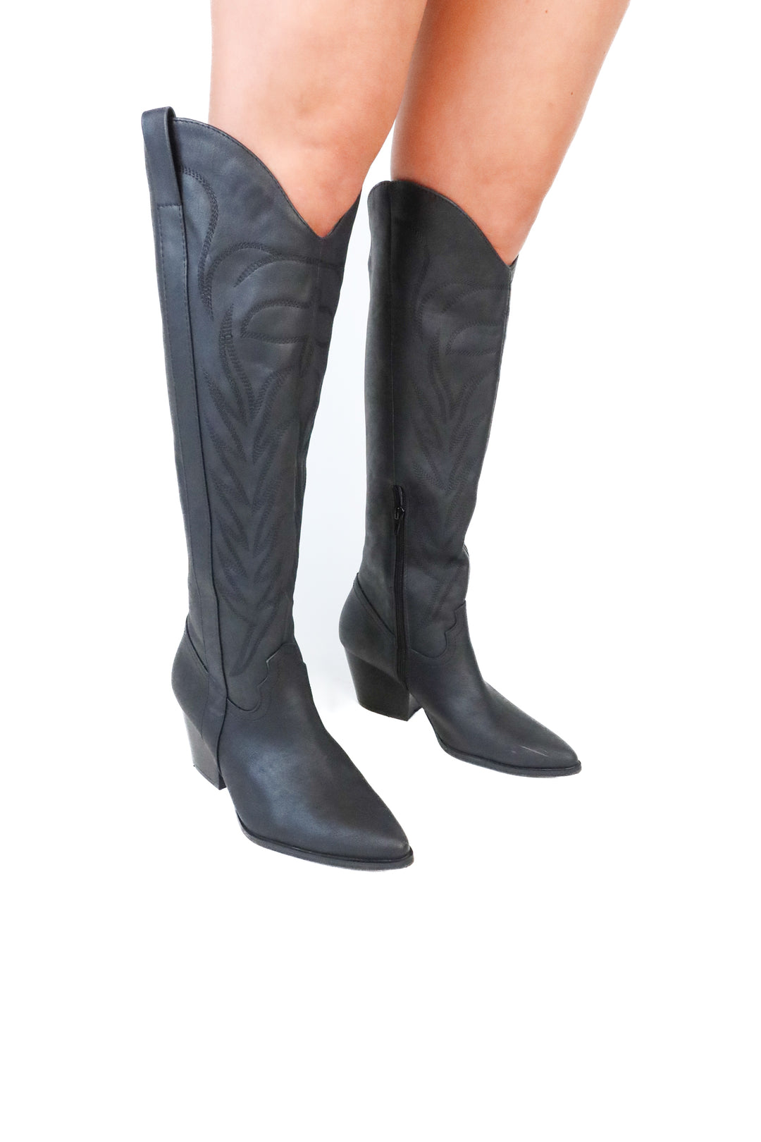 Pink Lily Black Faux Leather Tall Western Boots (9)