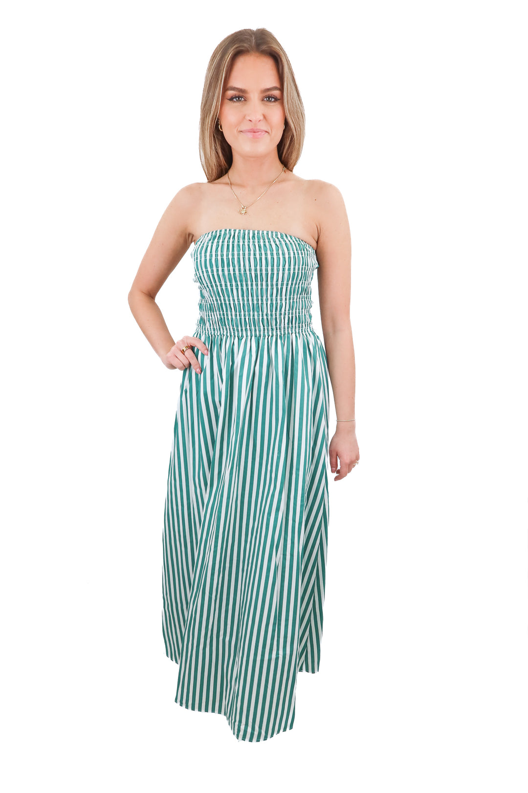 Vici green stripe strapless maxi dress (S)