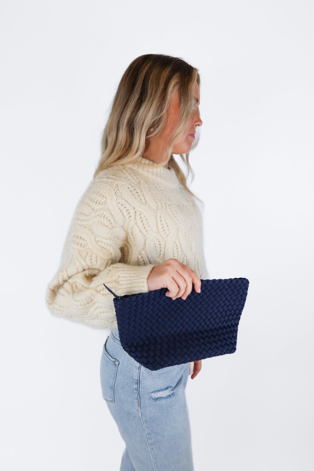 Naghedi Navy Woven Zip Top Cosmetic Pouch