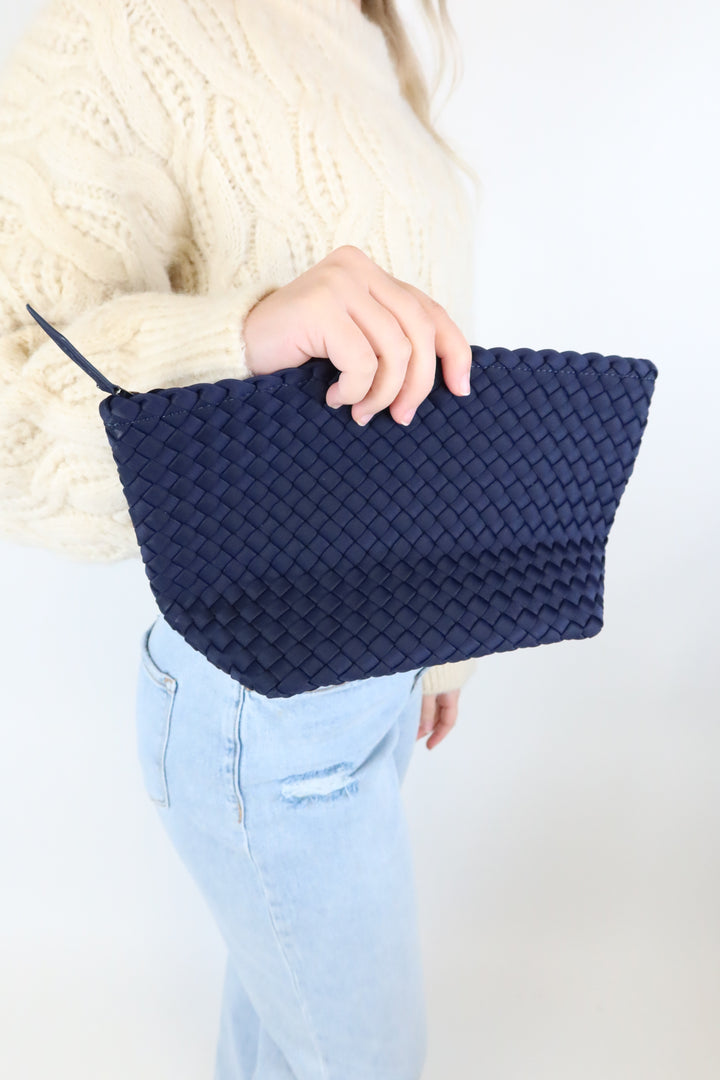 Naghedi Navy Woven Zip Top Cosmetic Pouch