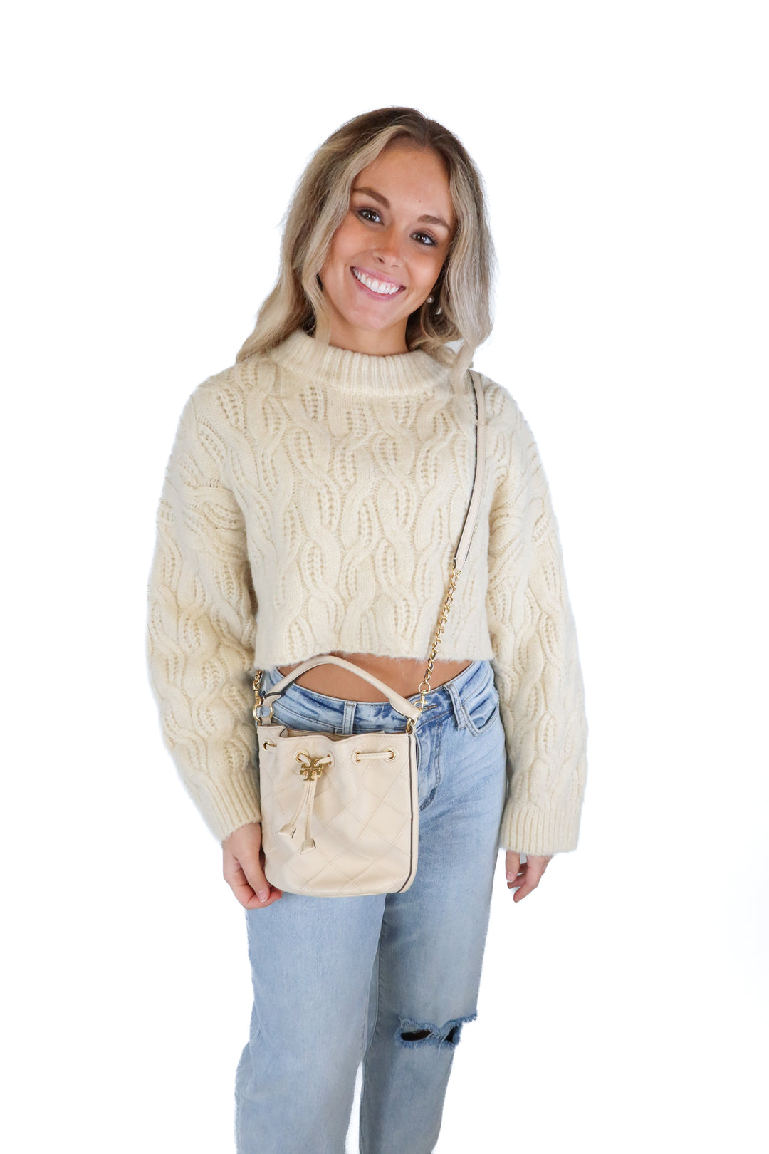 Tory Burch Cream Quilted Leather Mini Bucket Bag (retail $498)