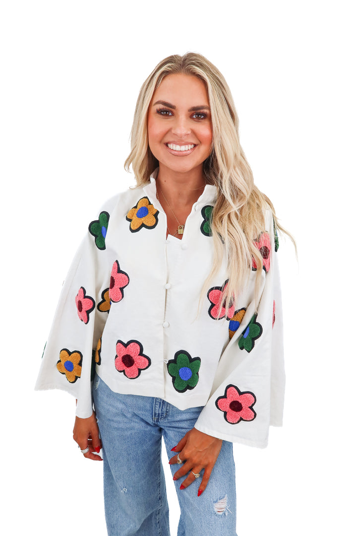 La Vie style house flower denim jacket NWT (OS; retail $650)