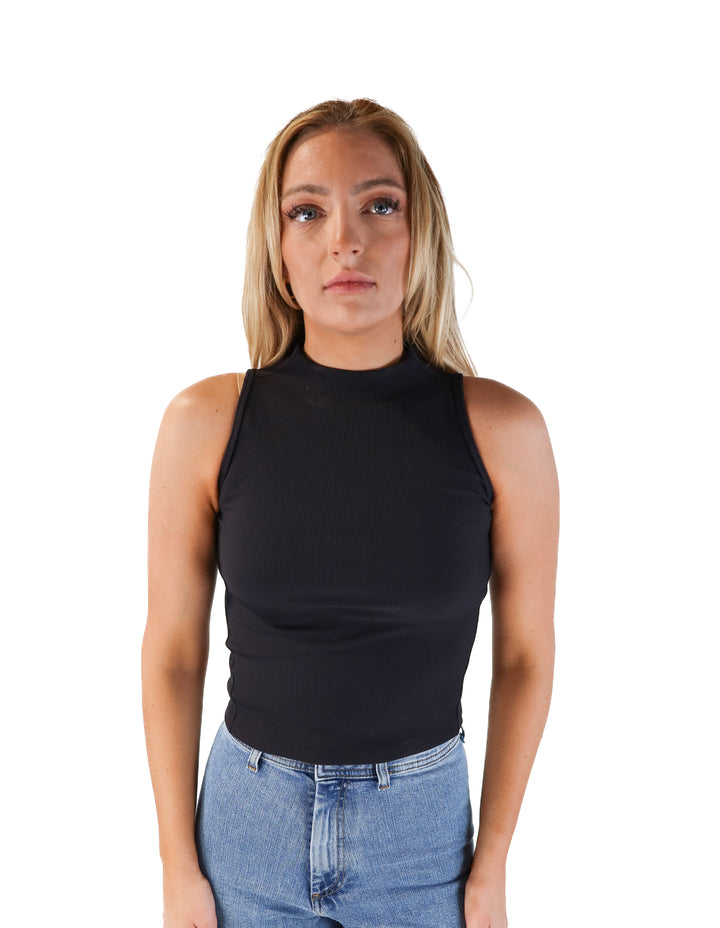 Spanx black ribbed Mockneck muscle tank (s; retails for $68)