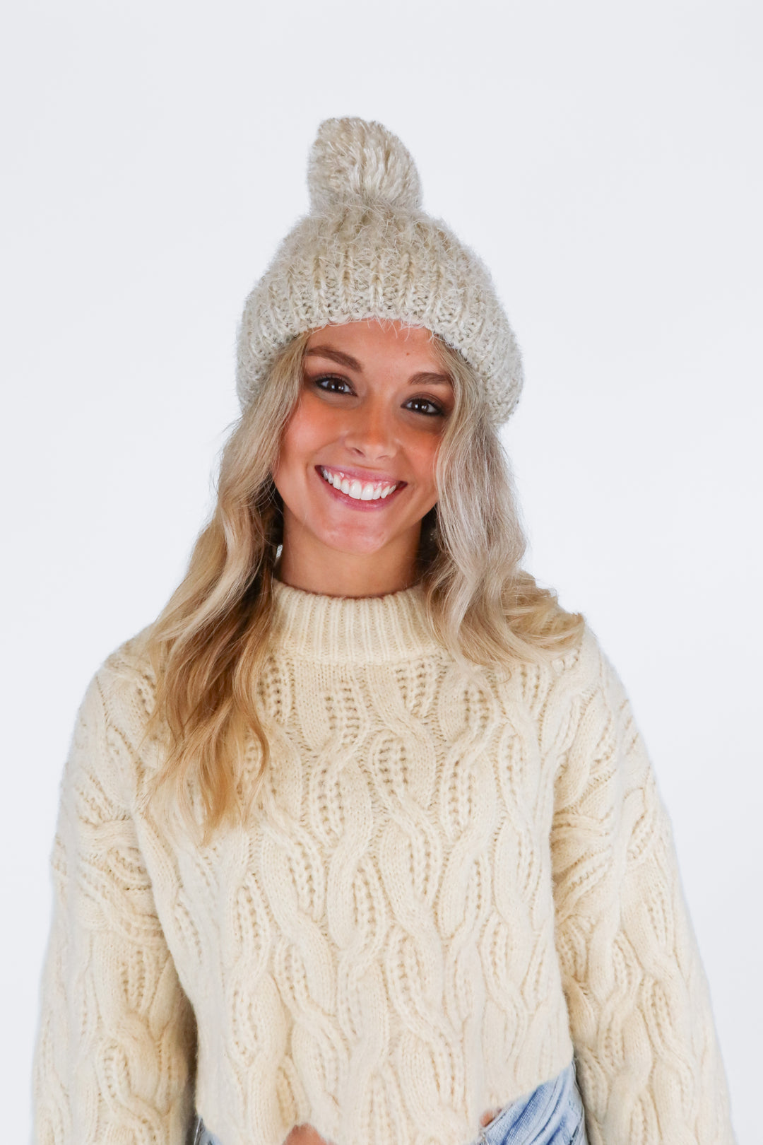 Beige Oatmeal Fuzzy Pom pom Beanie