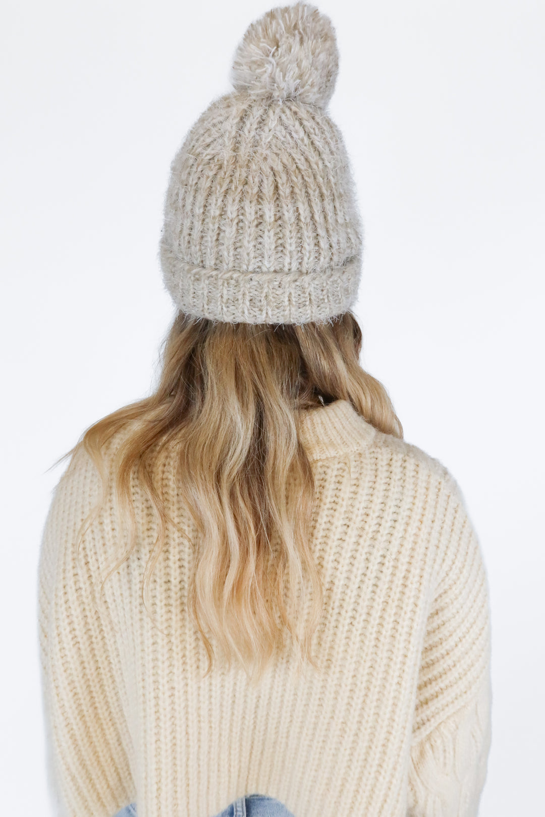 Beige Oatmeal Fuzzy Pom pom Beanie