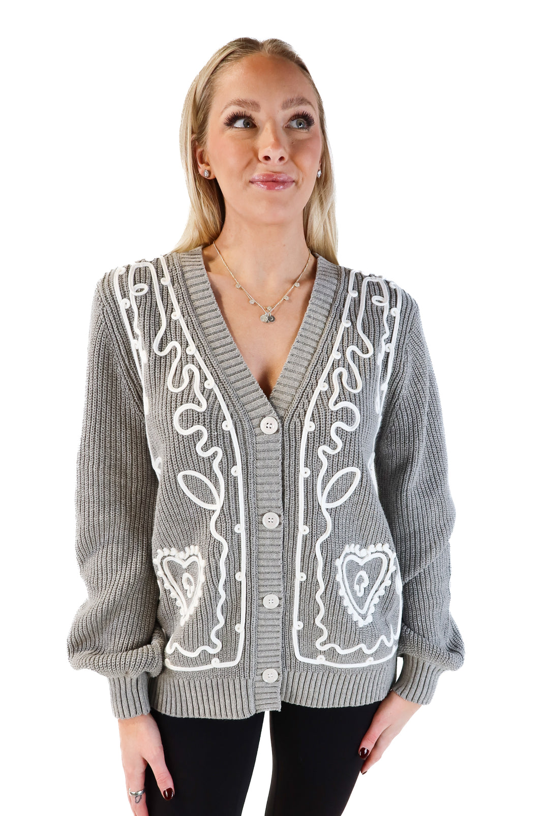 Vici grey cardigan with white detail (s; retails for $74)