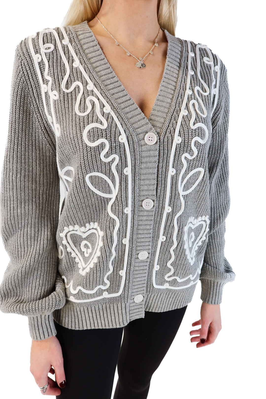Vici grey cardigan with white detail (s; retails for $74)