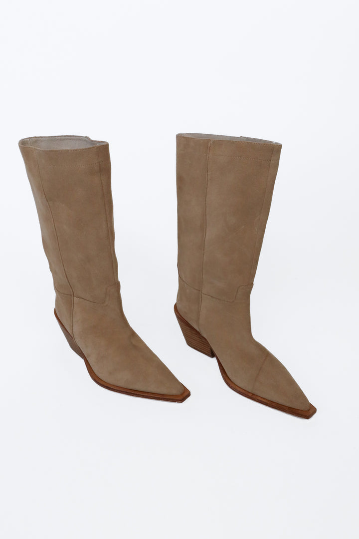 LPA Tan Suede Mid-Shaft Stacked Heel Boots NWOT (7; $268)