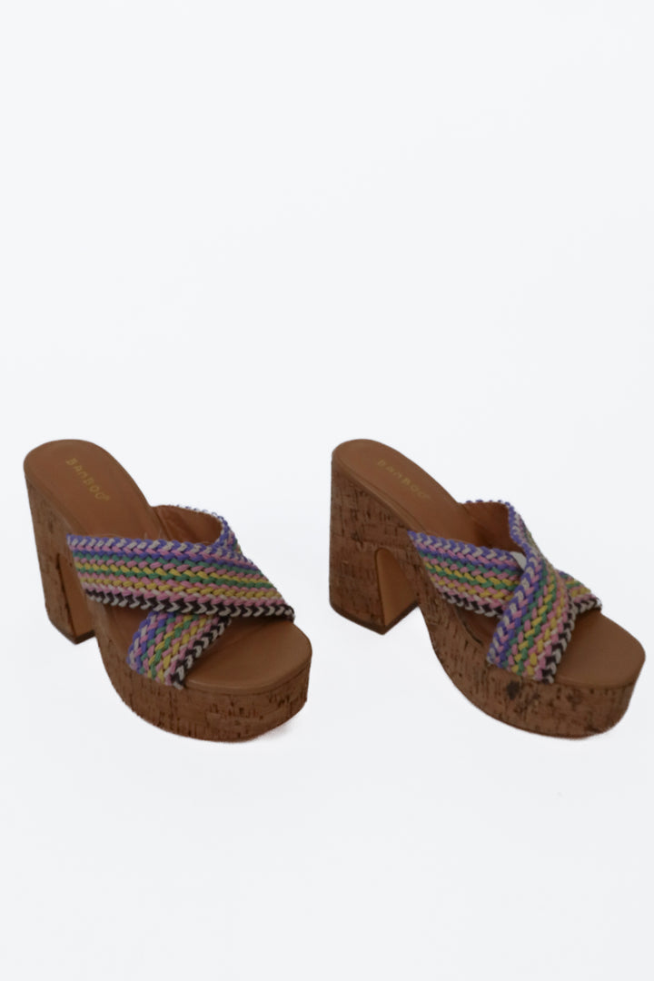 Bamboo Multicolor Braided Strap Cork Heel Sandals NWOT (7; retail $47)