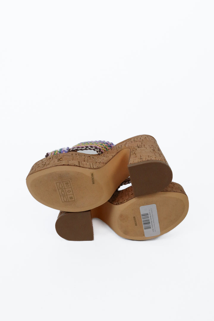 Bamboo Multicolor Braided Strap Cork Heel Sandals NWOT (7; retail $47)