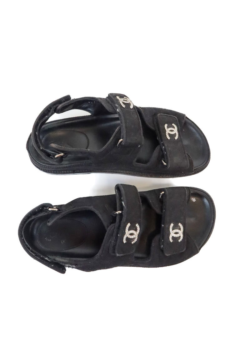 Chanel Dad Sandals, Black with Diamante CC (37; retail $2,190)*