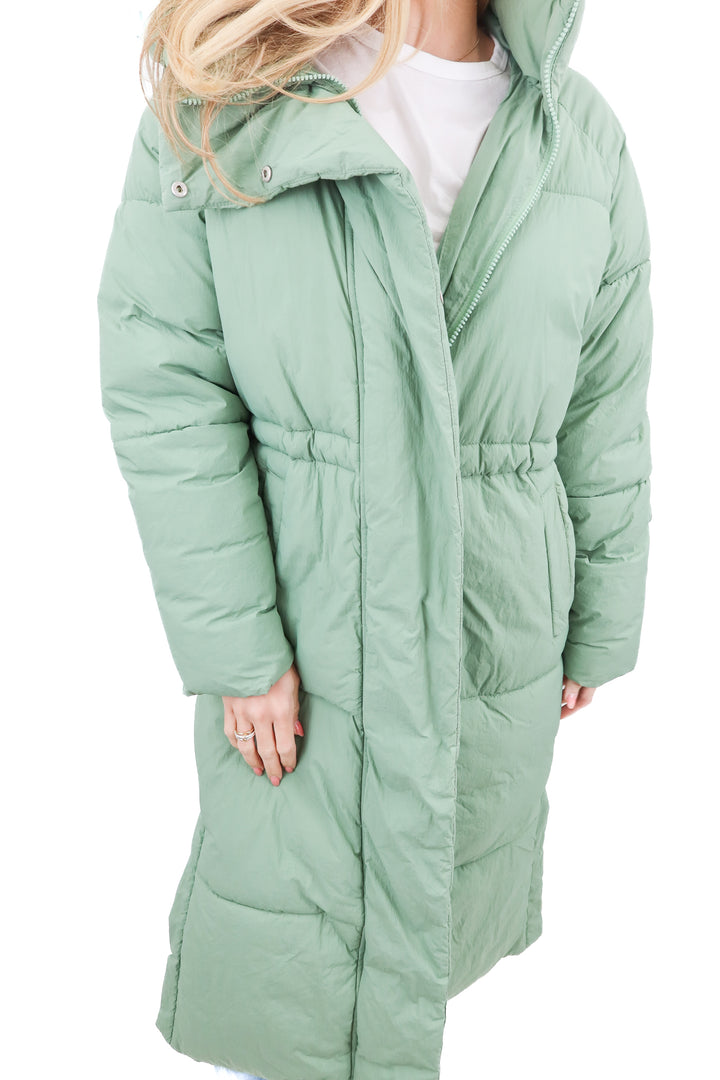 a new day sage green puffer long coat (XS)