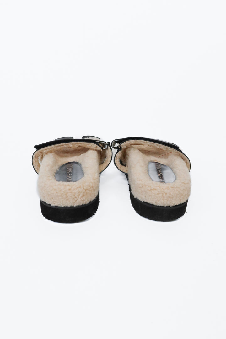 Oasis Society Black/Cream Faux Leather Sherpa Lined Sandals NWOT (7; retail $60)