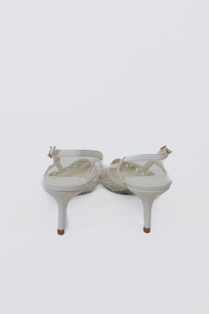 Billini White Woven Faux Leather Heels (7; retail $70)