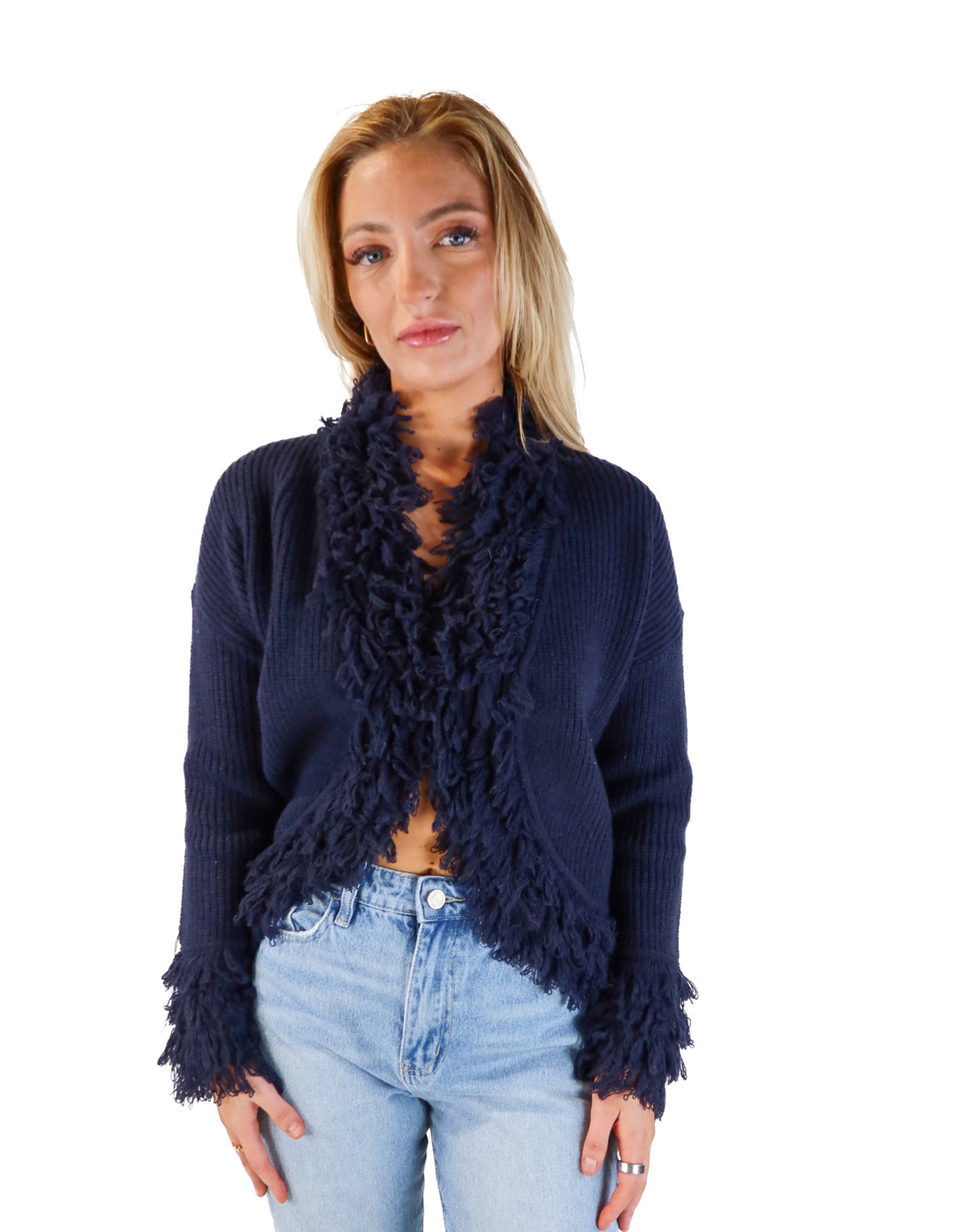 Vici navy thick knit fringe cardigan  (s; retails for $68)