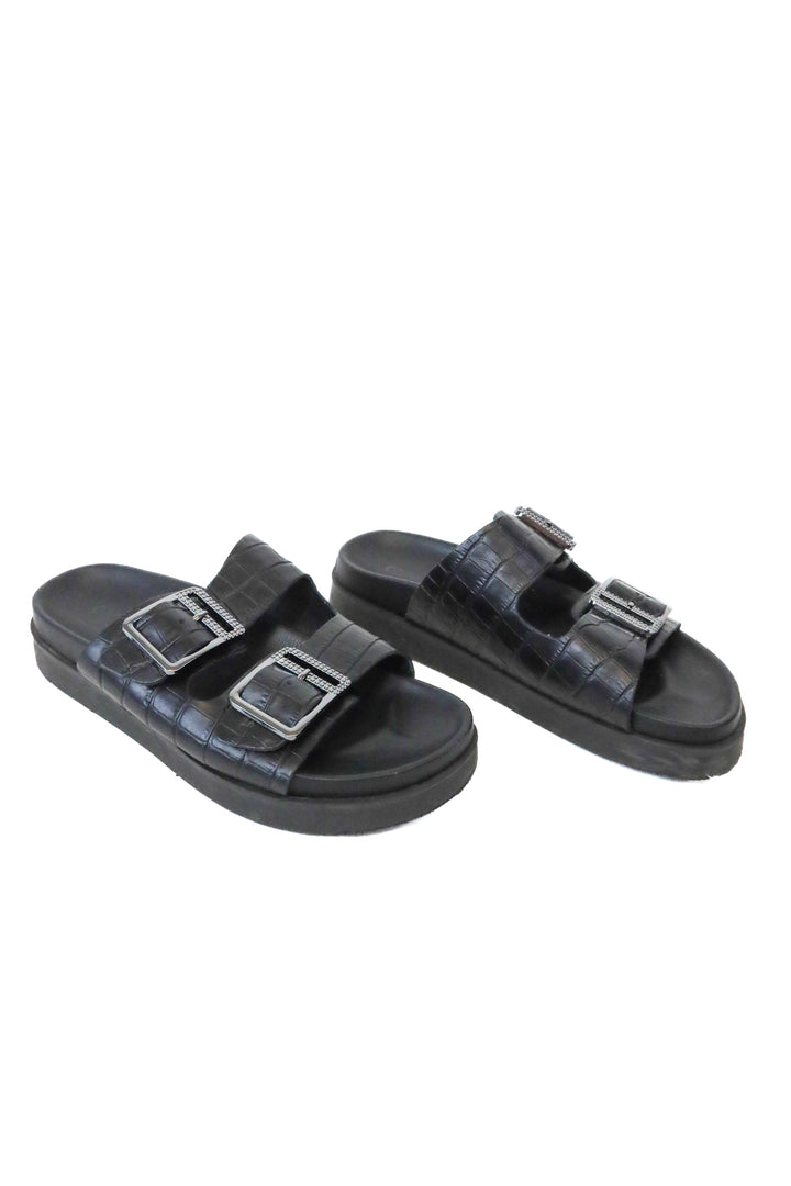 Cristina Francini Black Croc Embossed Leather Sandals (7.5)