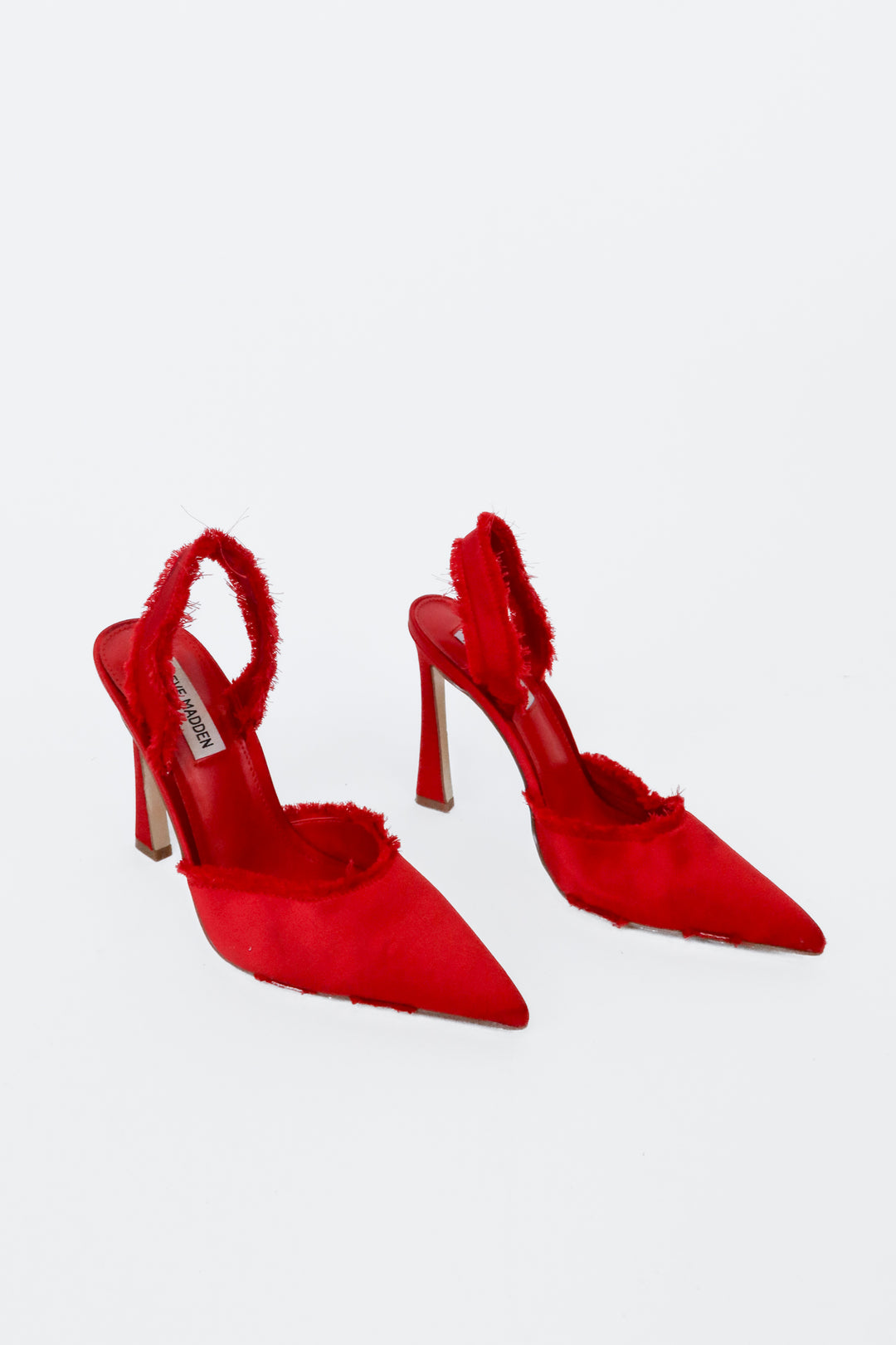 Steve Madden Red Satin Raw Edge Slingback Heels (7; retail $100)