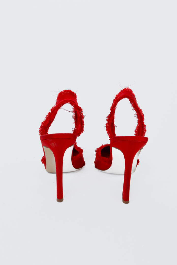 Steve Madden Red Satin Raw Edge Slingback Heels (7; retail $100)