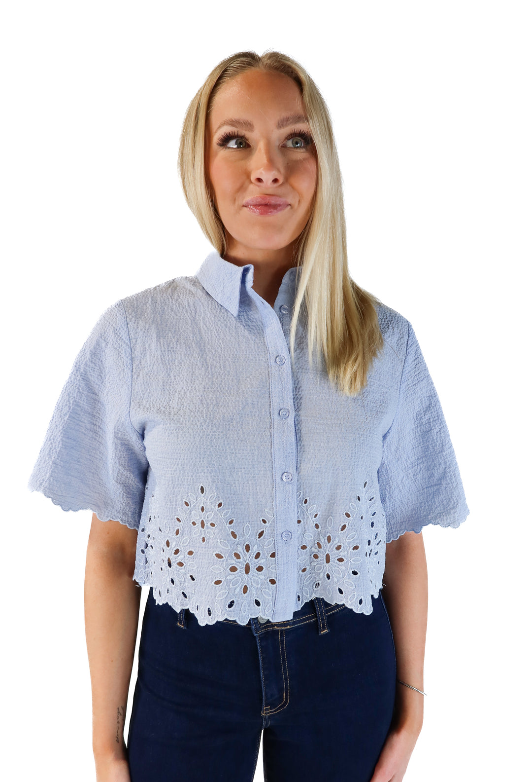 Zara Periwinkle Eyelet Cropped Shirt (M; retails for $45.90)