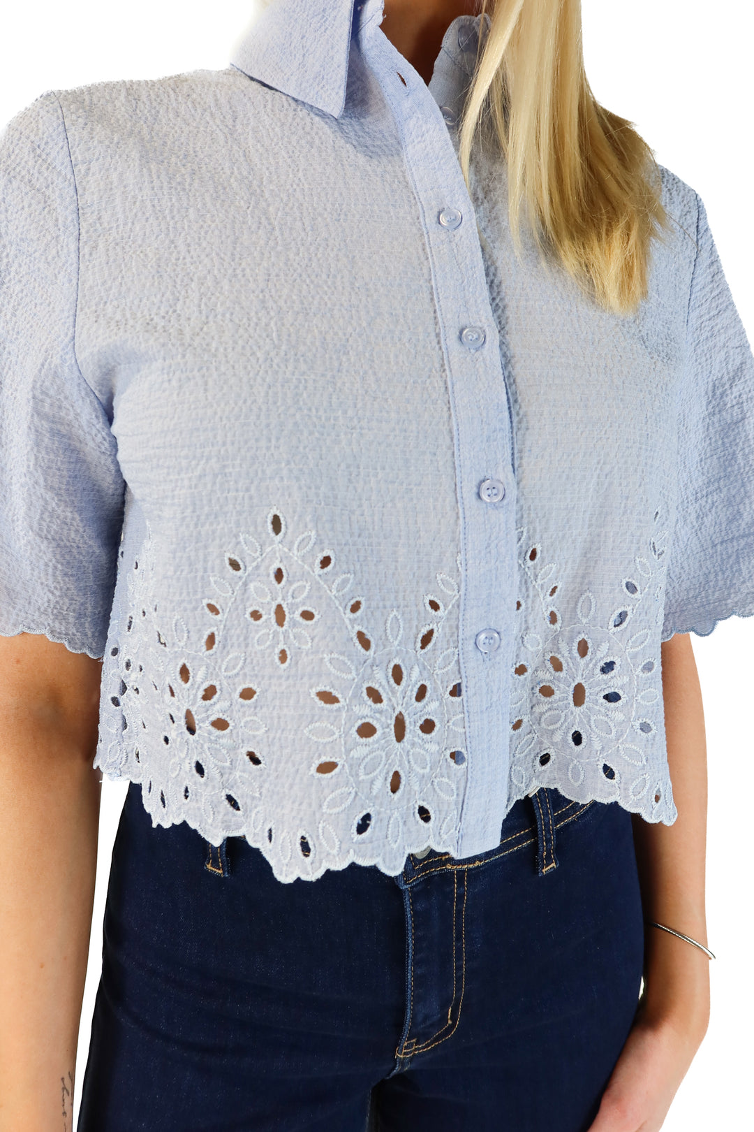 Zara Periwinkle Eyelet Cropped Shirt (M; retails for $45.90)