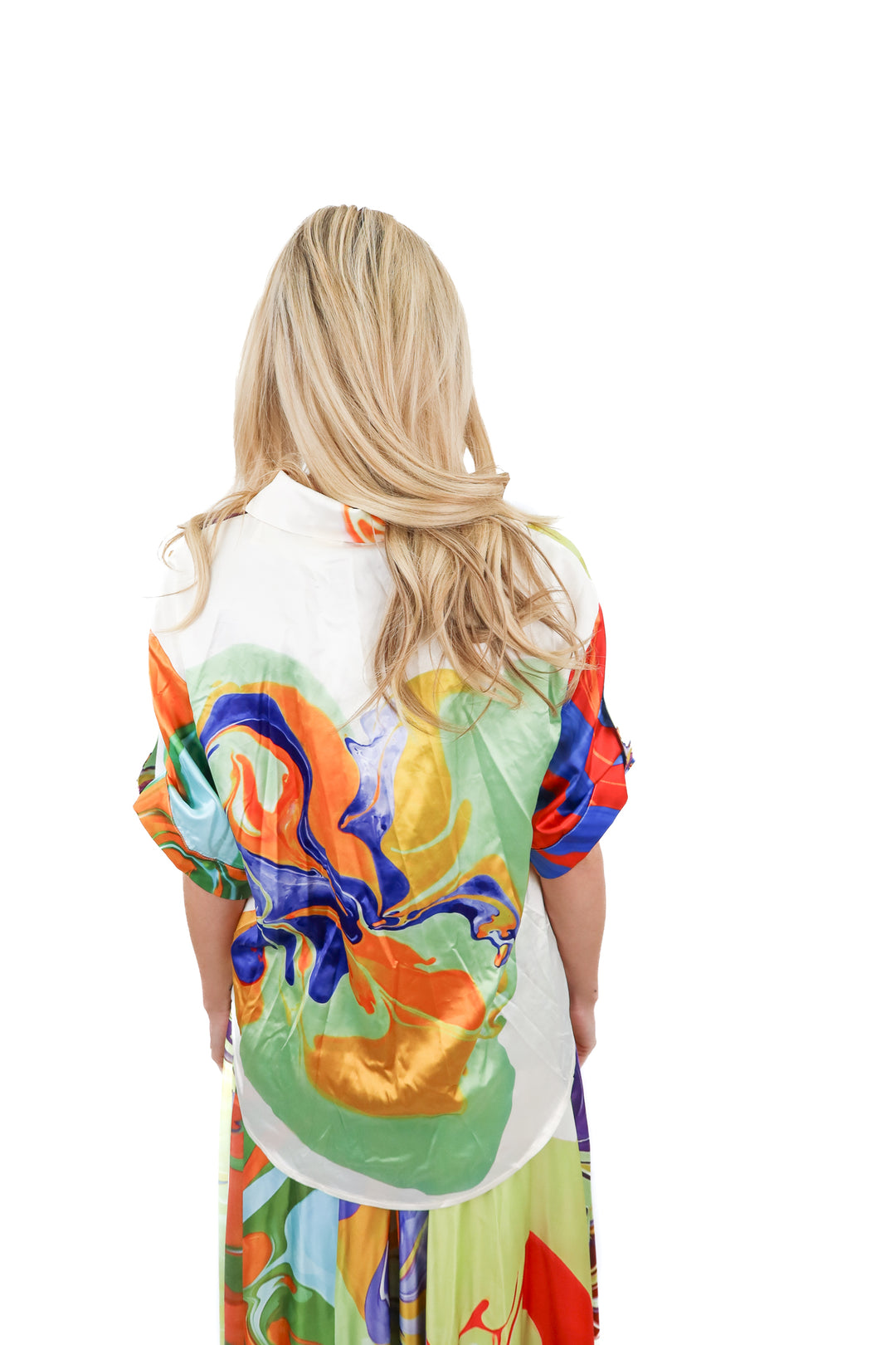 Commense abstract short sleeve satin shirt NWT (S)