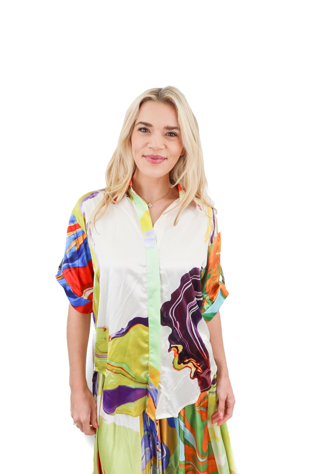 Commense abstract short sleeve satin shirt NWT (S)