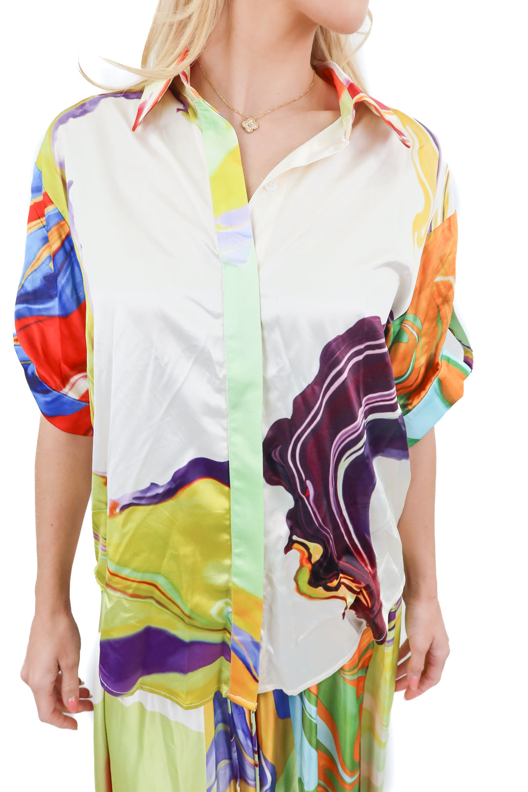 Commense abstract short sleeve satin shirt NWT (S)