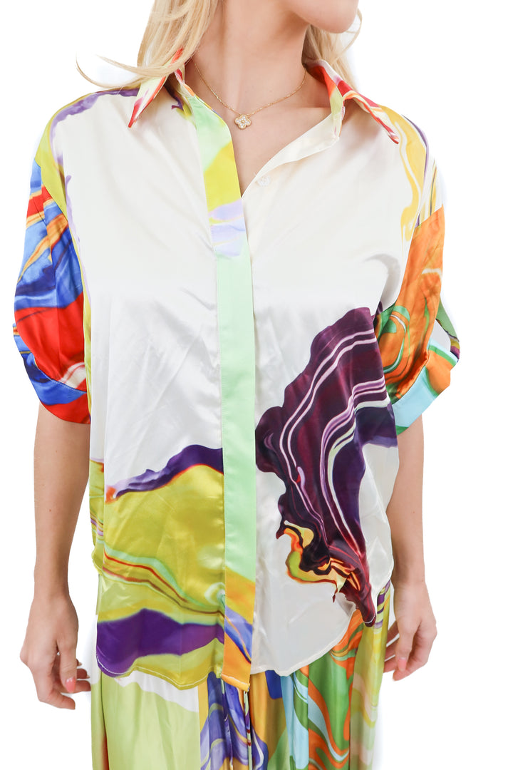Commense abstract short sleeve satin shirt NWT (S)