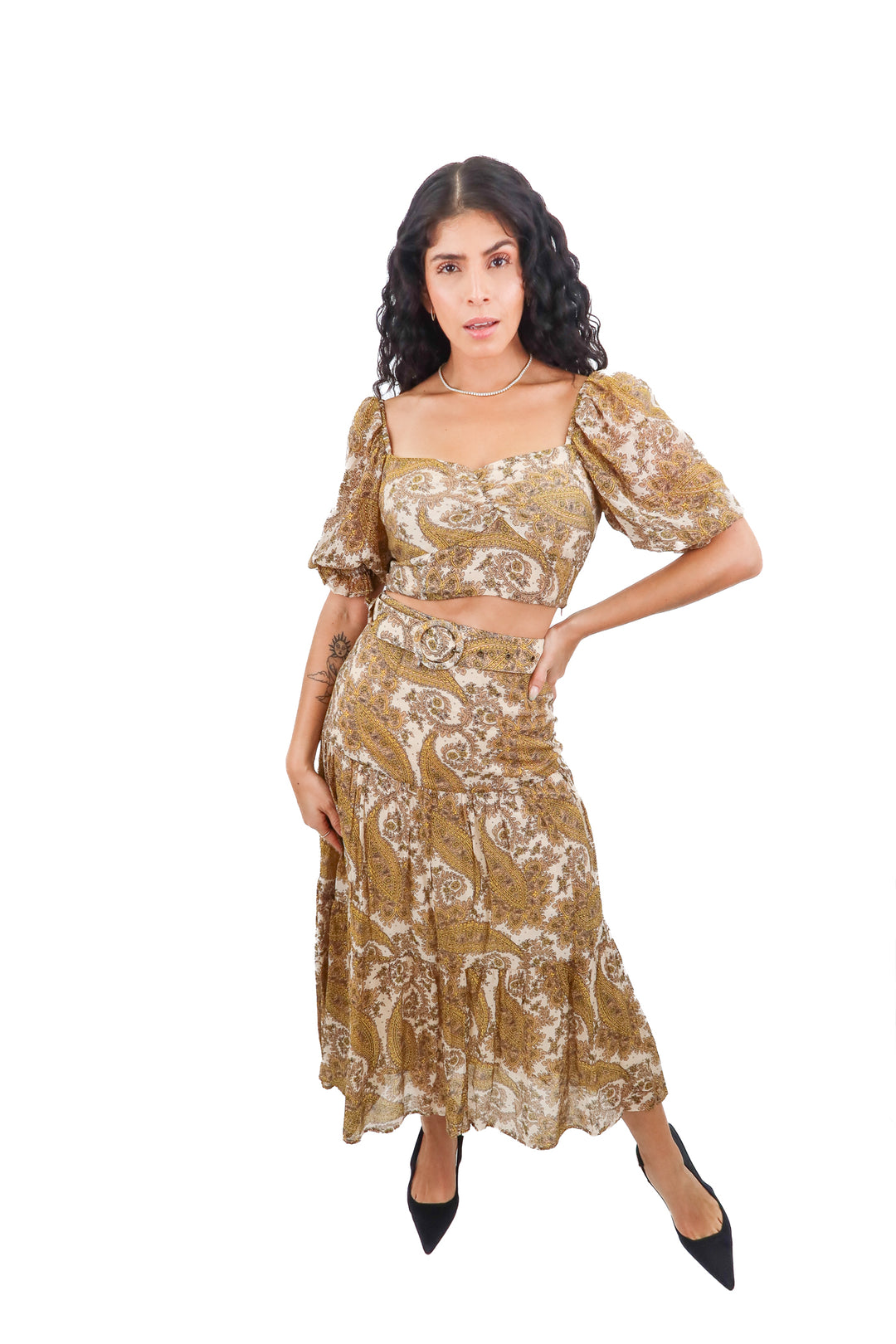 Minkpink cream and mustard gold paisley skirt set with belt (S; retail $280)