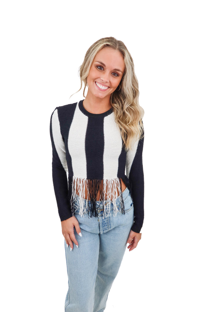 bcbg black/white knit fringe sweater NWT (xs; retail $228)