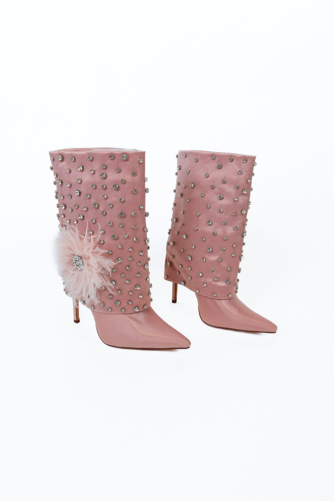 Azalea Wang Pink Rhinestone and Feather Heeled Boots NWOT(6.5)