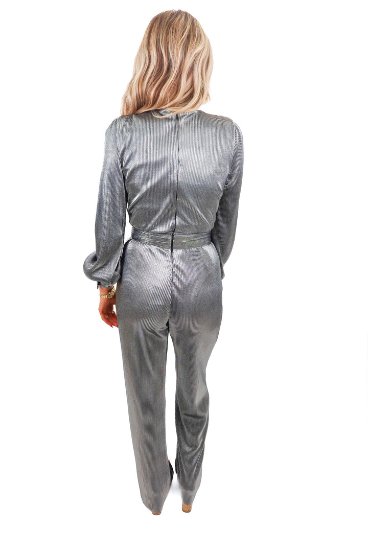 SLAY house of harlow silver metallic jumpsuit (xxs; retail $268)