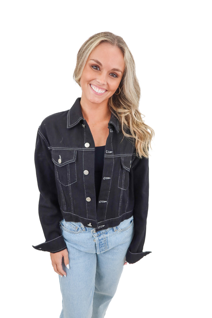 beige botany black denim jacket (s)