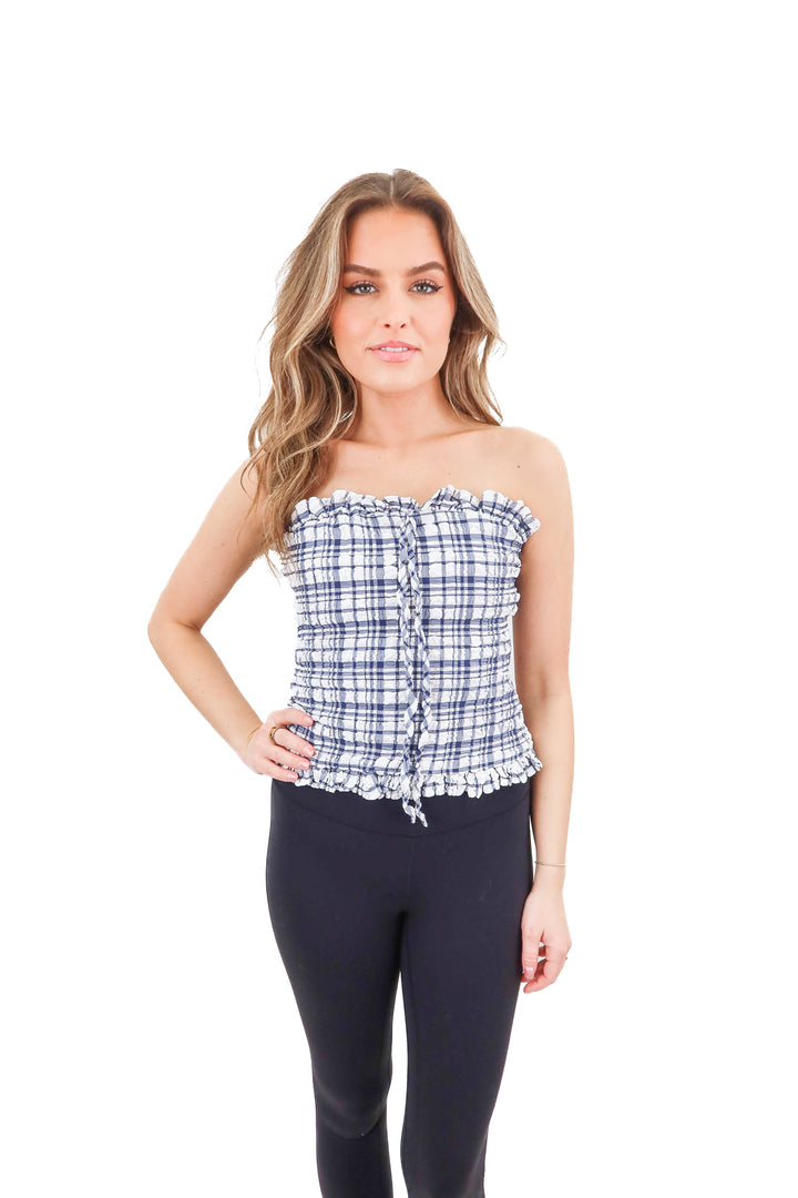 lovers + friends blue gingham ruched tube top NWT (xs; retail $140)