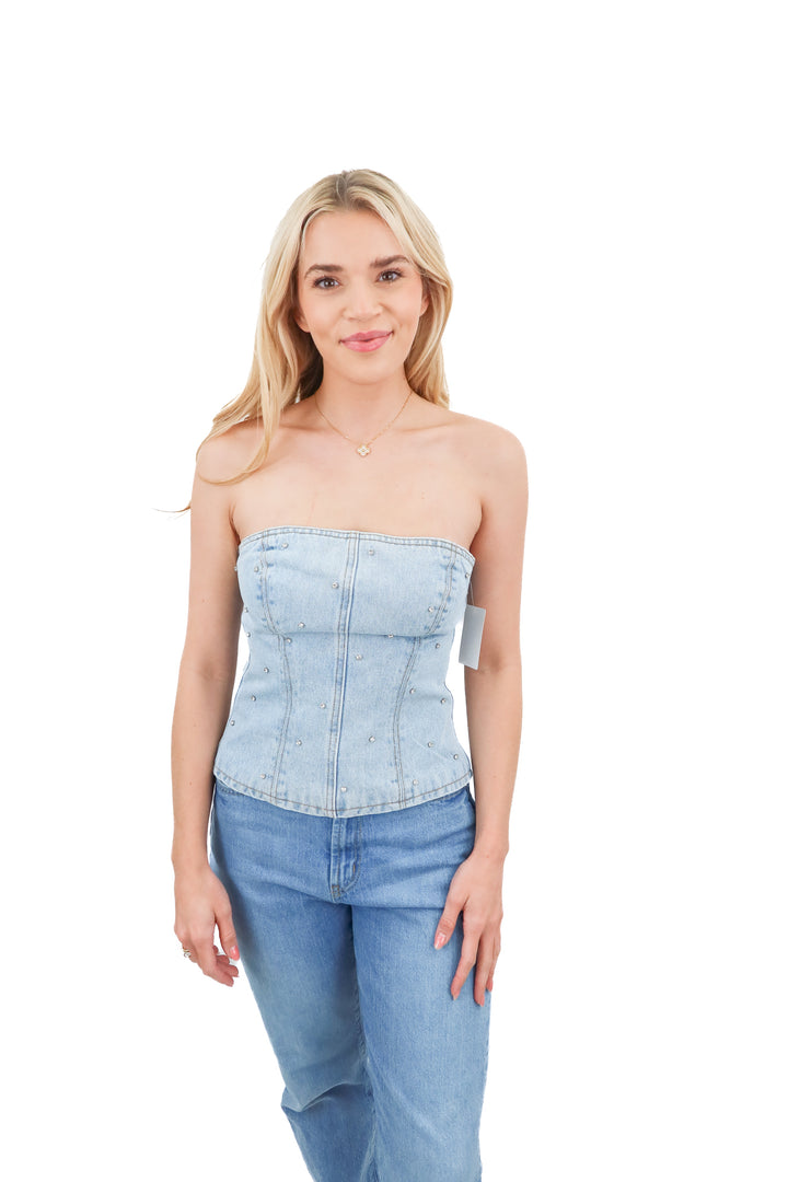 superdown denim rhinestone tube top (4; retail $75)