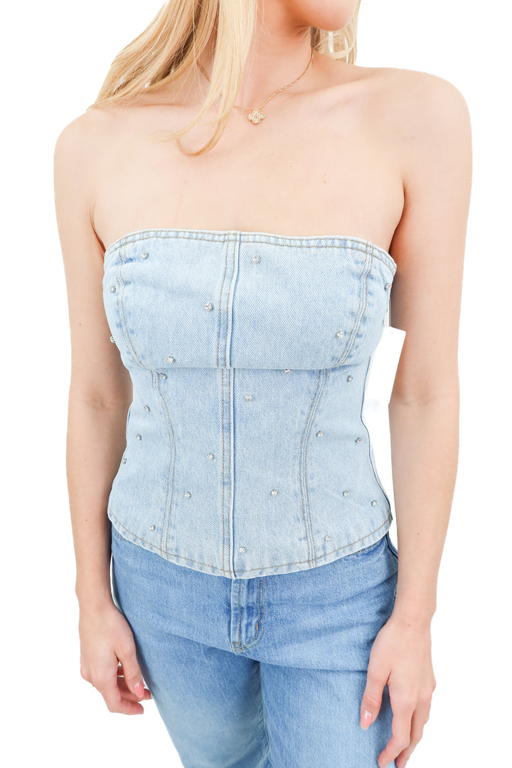 superdown denim rhinestone tube top (4; retail $75)