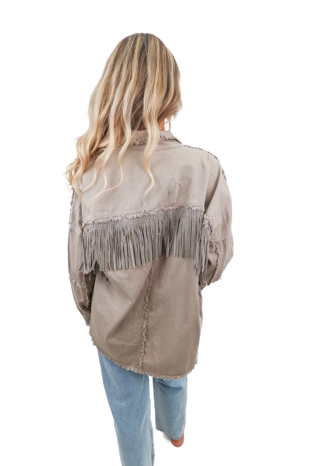 zara grey-green rhinestone fringe shacket (xs)