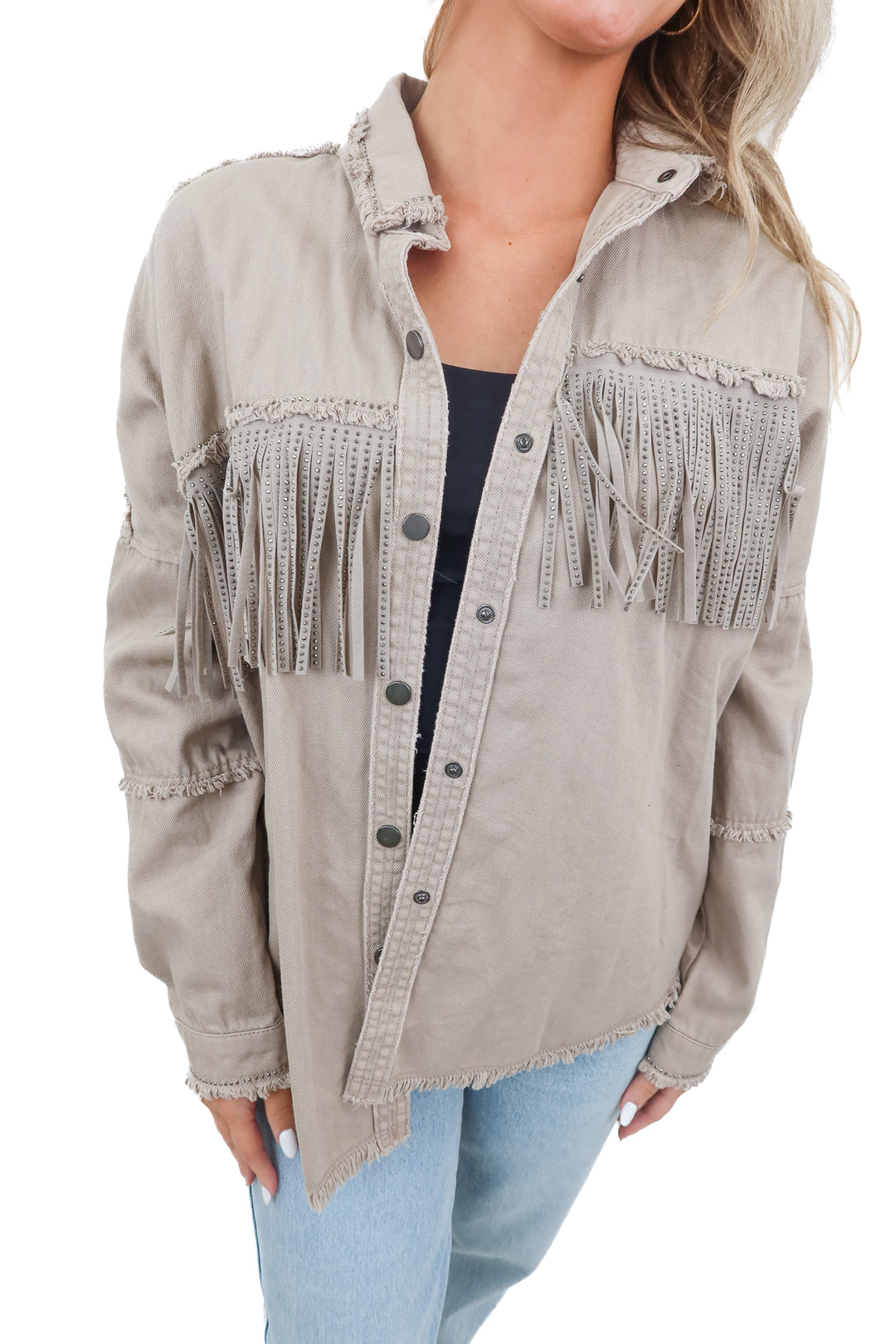 zara grey-green rhinestone fringe shacket (xs)