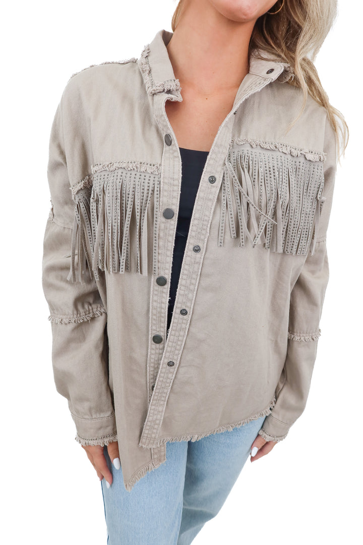 zara grey-green rhinestone fringe shacket (xs)
