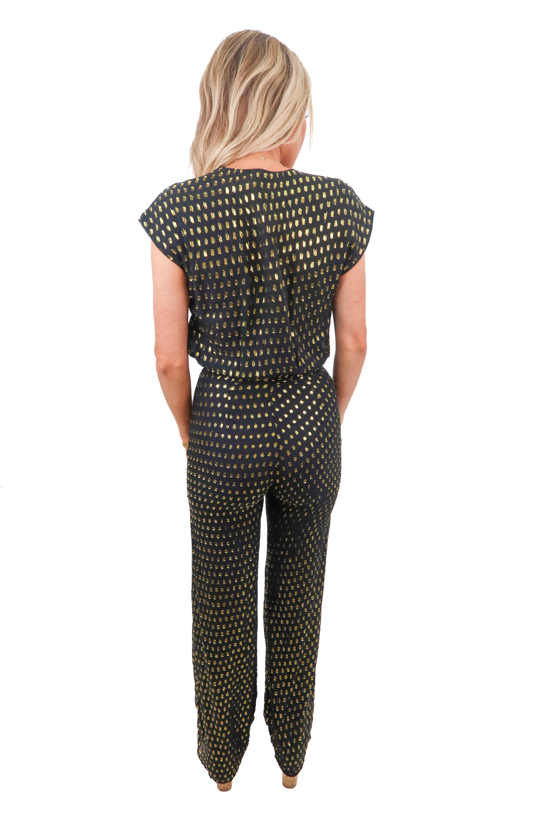 lpa black/gold metallic jumpsuit (xs; retail $165)